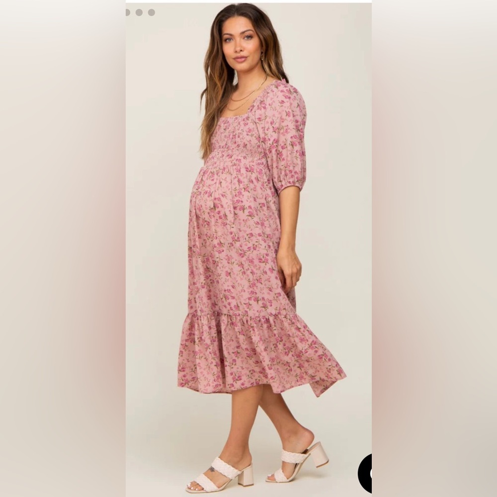 Pink Floral Smocked Maternity Midi Dress